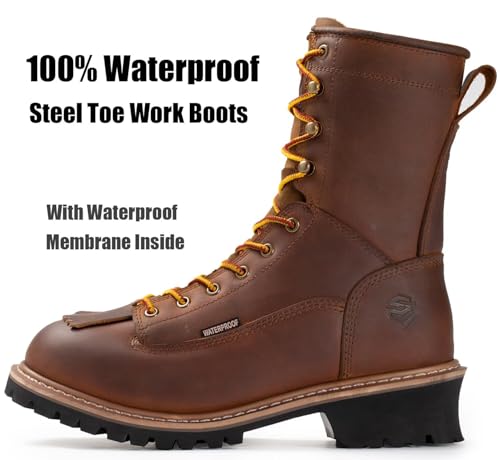 Image of SUREWAY Men's 8 inch Waterproof Steel-Toe Logger Work Boot | Oil /Slip Resistant,Full Grain Leather,Rubber Sole,EH Rated