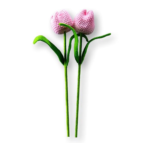 Image of Tulip Crochet Flowers | Handcrafted Artificial Faux Woolen Flower with Long Stem | Natural Looking Knitted Flower for Home, Living Room, Vase & Bouquet Decoration & Gifting | Baby Pink- 2 Pcs