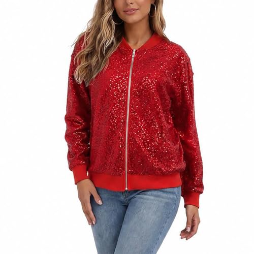 Gryvoilet Women Sequin Bomber Jacket Zip Up Long Sleeve Rib Collar Rib Cuff Sparkly Glitter Cropped Outerwear Coat with Pockets for Party Club - image 2
