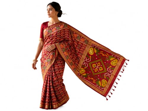 House of Neyvara Silk Blend Saree, Red, Dry Clean Only, Patola Print, Wedding and Festival Wear, Patola Silk