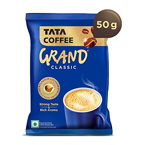 Tata Coffee Grand Classic Instant Coffee | Strong Taste & Rich Aroma | With Flavour Locked Decoction Crystals | 50g Pouch