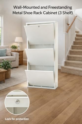Image of Shoe Rack, Wall Mounted and Freestanding Metal, Multiple Shelf Options, White and Black (White, 3)