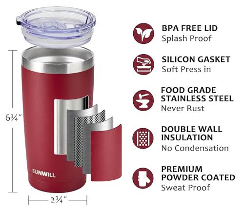 Image of SUNWILL Travel Coffee Tumbler 20 oz, Insulated Mug with Lid, Stainless Steel Cup for Hot and Cold Drinks, Powder Coated Wine Red