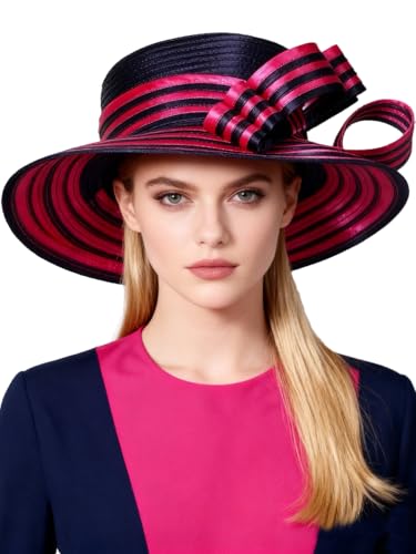 Wedding Church Tea Party Derby Hats for Women Striped Bowler Hat Wide Brim Fascinator Flat Top Fedora Hats Rose