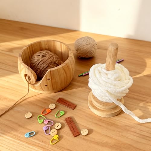 Image of Yarn Bowl with Wooden for Storage | Handmade wood yarn bowl with lid /holder, 2-in-1 tangle-free knit /crochet organizer, smooth no-snag, ideal crafter gift.