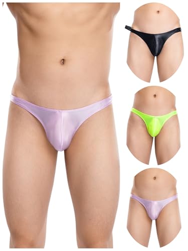 Men's Smooth Silk G-String Thong Sexy T-Back Low Rise 3 Pack Black/Purple/Fluorescent Green