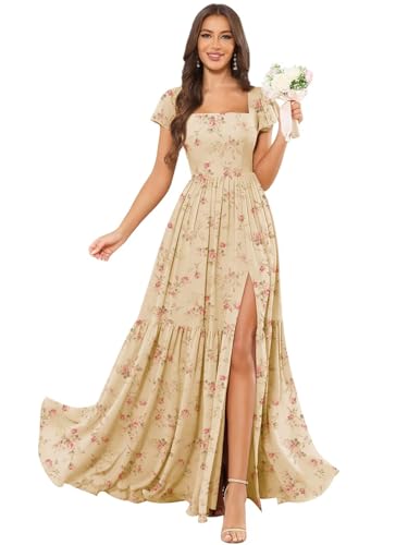 Modest Long Bridesmaid Dresses with Sleeve Square Neck Chiffon Wedding Guest Dress with Slit