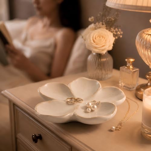 Ceramic Flower Jewelry Ring Trinket Dish Tray, Gifts for Women, White - image 4
