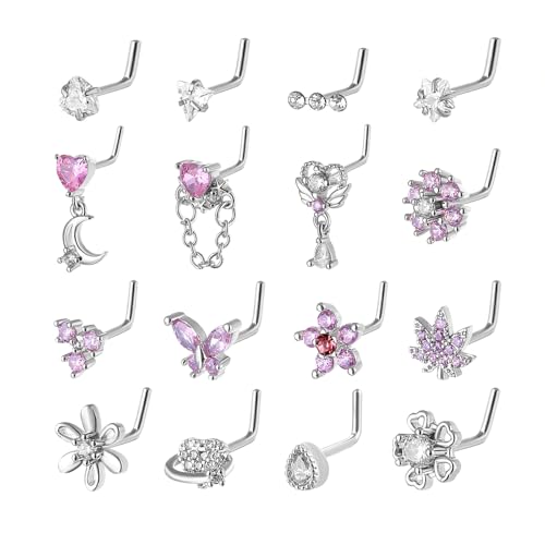 Nose Studs Piercing Jewellery for Women - 16Pcs L Shaped Butterfly/Love/Star/Petal Nose Rings Studs 316L Surgical Steel CZ Nose Screw Studs Body Jewellery for Women
