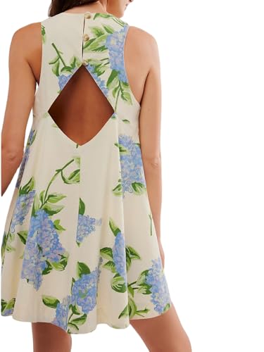 Floral Sleeveless Backless Mini Dress For Women Summer Loose Swing Flowy Sundress With Pockets