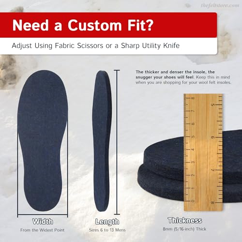 Wool Felt Insoles for Men and Women – 8mm, Long-Lasting Shoe Inserts with Cushioning & Moisture Control | Adjustable Wool Shoes Insoles | Warm Wool Boot Insoles for Winter | 2 Pair Pack | Size 12