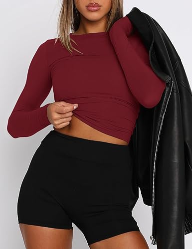 Image of AKEWEI Long Sleeve Crop Tops for Women 2 Pack Fall Going Out Outfits Cute Tight Basic Tees Shirt