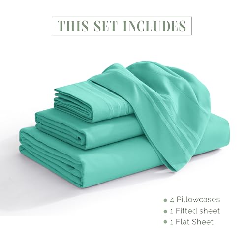 Image of Elegant Comfort Luxurious 1500 Premium Hotel Quality Microfiber Three Line Embroidered Softest 4-Piece Bed Sheet Set, Wrinkle and Fade Resistant, King, Paradise Teal