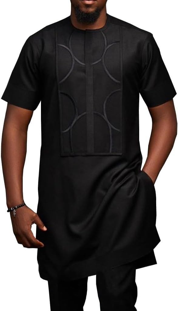 2-częściowe Stroje Garnitury Dla Mężczyzn Z Krótkim Rękawem Dashiki Afrykańskie Ubrania Koszule I Stroje Modne Dresy, Black, 4XL