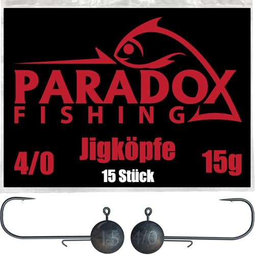 Paradox Fishing Jigköpfe Set 15x 15g 4/0 I Jig Köpfe Gummifisch mit Jighead für Gummifische Zander Angelzubehör