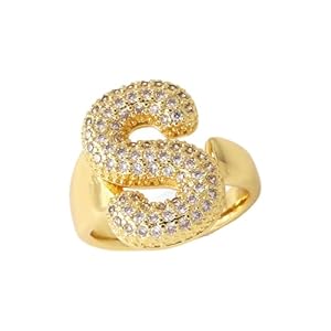 Initial Rings for Women, Bubble Letter Initial Balloon Ring Adjustable Charm Rings Open 14K Chunky Gold Rings Jewelry for Women