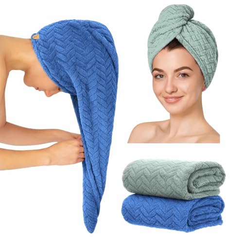 Image of MAXOSHINE Hair Towel Wrap for Women-Quick Drying Microfiber Towel for Hair with Elastic Loop for Tying-Super Absorbent Head Towels Wrap for Ladies Hair Turban Pack of 2