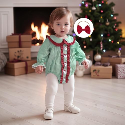 FYBITBO Newborn Baby Girl Christmas Outfit Santa Ruffle Bubble Romper Peter Pan Collar Onesie Plaid Jumpsuit Smocked Outfits3