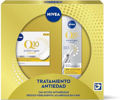 NIVEA Pack Rutina Antiedad Q10 Antiarrugas Power 4 semanas, set de cremas reafirmantes, caja de regalo con crema de día con FP15 (1 x 50 ml) y sérum tratamiento concentrado (1 x 15 ml)
