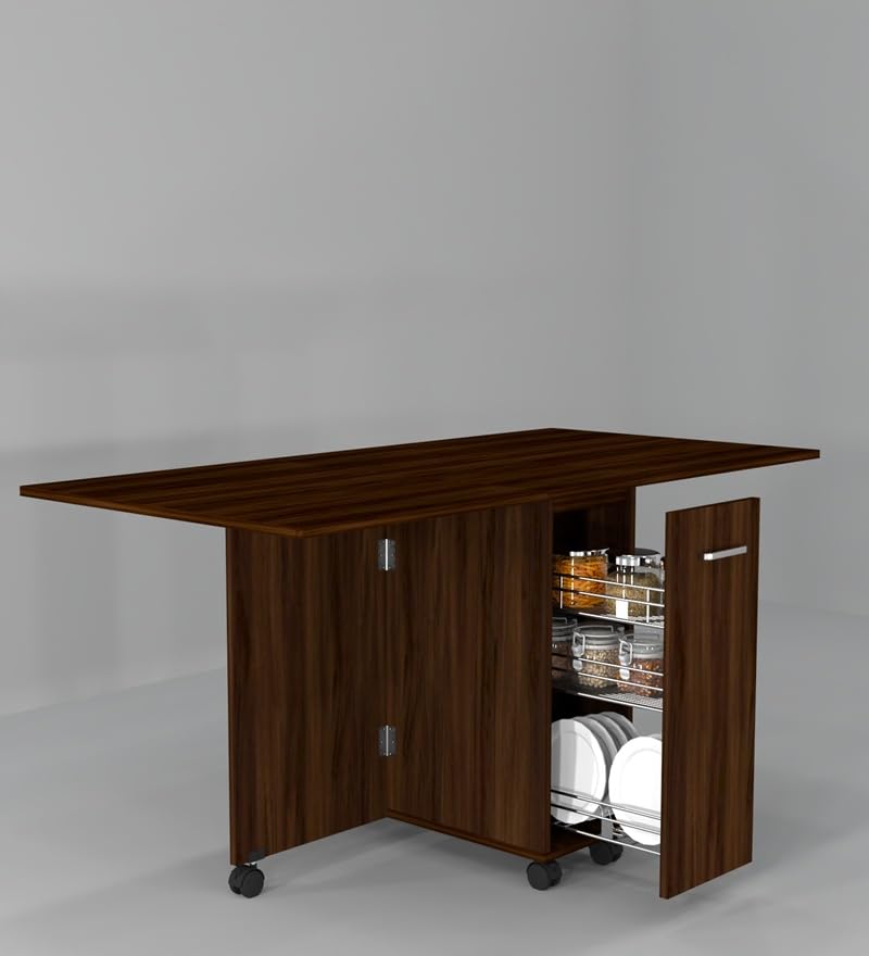 Image of SPECIALITY PANELS Folding Dining Table with 6 Wheels | Engineered Wood | Compact Design | Tables for Small Spaces | Termites Resistance | Kitchen Table in Redica Walnut Finish