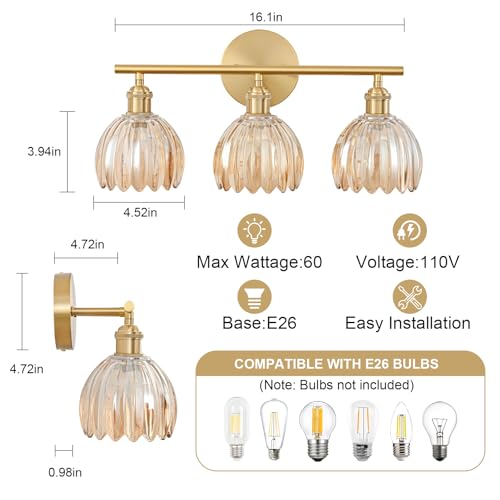 Image of Gold Bathroom Light Fixtures Over Mirror, 3 Light Bathroom Vanity Light with Tulip Amber Glass Lampshade, Vintage Vanity Lights for Bathroom, Bathroom Vanity Lights Over Mirror