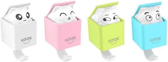 LuoCoCo 4 Pack Hooks Self Adhesive, Novelty Plastic Cat Hooks Wall Hanger, Decoration Animal Hooks Heavy Duty 2kg Max for Back of Door, Coat Rack for Bathroom/Bedroom/Kitchen/Kids Room, 4 Colors