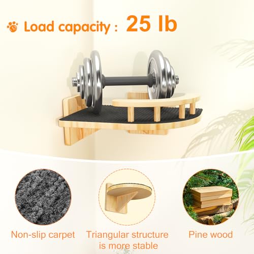 Image of XiaZ Cat Wall Shelves, Corner Cat Shelf with 3 Wide Perch Steps, Kitty Wall Climber Wooden Furniture up to 25lbs, Modern Floating Cats Stairs for Indoor Sleeping, Playing, Climbing
