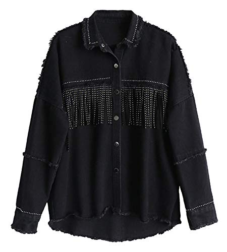 SCOFEEL Women's Jean Jackets Oversized Denim Jacket Coat with Sequined Tassels