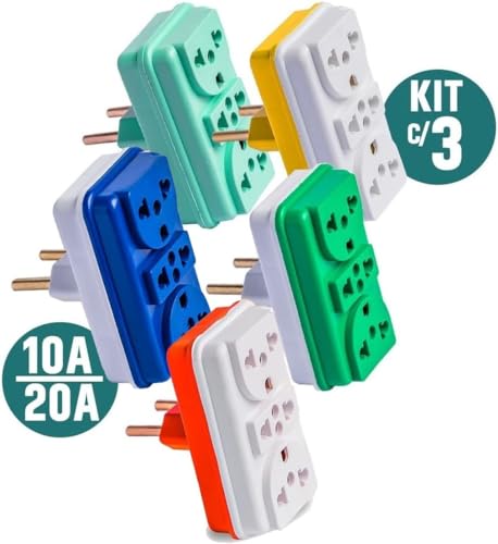 Kit com 03 Adaptadores Tomada Benjamim T Com 3 Entradas Multiplicador de Tomadas 10A 20A Até 250v Bi