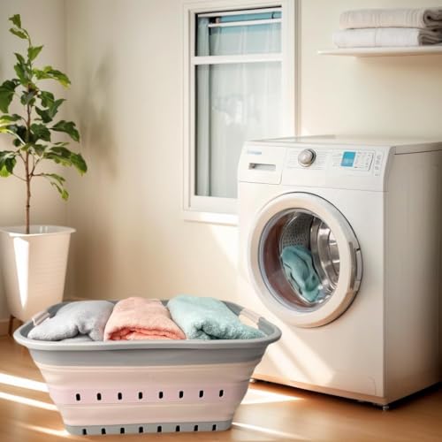 Image of SAMMART 42 (11 Gallons) Collapsible Plastic Laundry Basket, Foldable Pop Up Storage Container /Organizer, Space Saving Hamper, Portable Bin for Dorm Room Bathroom (1, Grey /Pink)