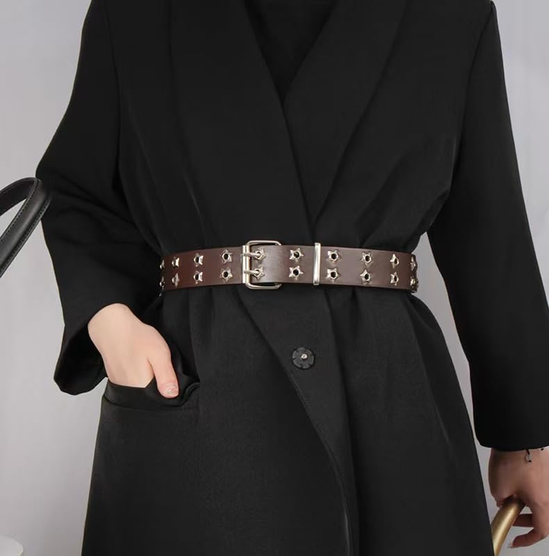 Star Studded Faux Leather Belt, Double Prong Buckle, Black3