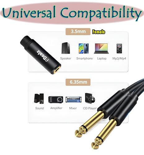 Image of [ 1.5 Meter ] 3.5mm Stereo Female to 2 Ports 6.35 Male Mono Cable, 3.5mm 1 /8 TRS Female to Dual 6.35mm 1 /4 TS Male Stereo to Mono Y Splitter Cable, 3.5 Female to 2 Ports 6.35 Male Mono Cable
