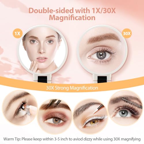 Image of B Beauty Planet 30X Magnifying Mirror, Hand Mirror with Handle, Double Sided Hand Mirror with 30X /1X Magnification, Travel Essential Portable Foldable Makeup Mirror for Precision Makeup White