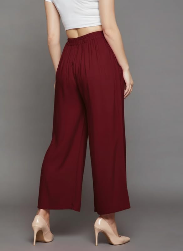Image of Super Soft Viscose Rayon Flared Palazzo Pants for Women Stylish Wide Leg Straight Relaxed Fit Casual Ethnic Office Wear