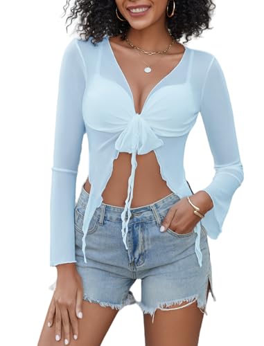 Avidlove Women Sheer Cardigan Mesh Crop Top Y2K Tie Front Tops Sexy Rave Top Light Blue
