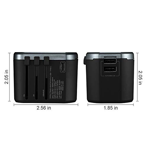 Travel Power Adapter - EPICKA All in One Worldwide International Universal Wall Charger AC Plug Adaptor with 3.4A Dual USB Charging and 3.0A USB Type-C For USA EU UK AUS (2 USB + TYPE C - Grey)