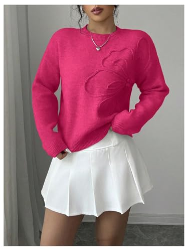 Image of RoseSeek Women's 3D Floral Appliques Crewneck Sweaters Long Sleeve Drop Shoulder Pullovers Elegant Knit Tops