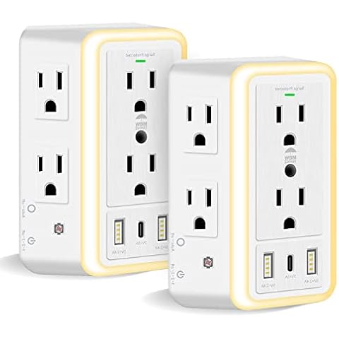 WBM SMART Multi Plug Outlet, Surge Protector, 6-Outlet Extender with 2 USB Charging Ports, USB-C & Night Light, 3-Sided Power Strip with Adapter Spaced Outlets - 2 Count, White Cover