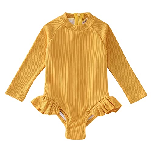 Toddler Girls Long Sleeve Solid Color Rib Knit Swimwear One Piece Ruffles Crewneck Zipper Rash Girls Bathing Suit