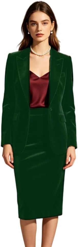 Women's Velvet Blazer Skirt Set 2 Piece Business Formal Suit Outfits