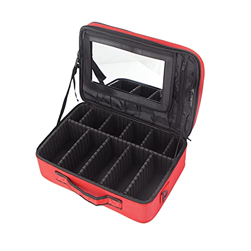 Image of Adson Large Makeup Bag 3 Layers Professional Train Cosmetic Bag Makeup Organizer Case Portable Artist Storage Brush Box with Adjustable Dividers and Strap for Makeup Accessories (Red)
