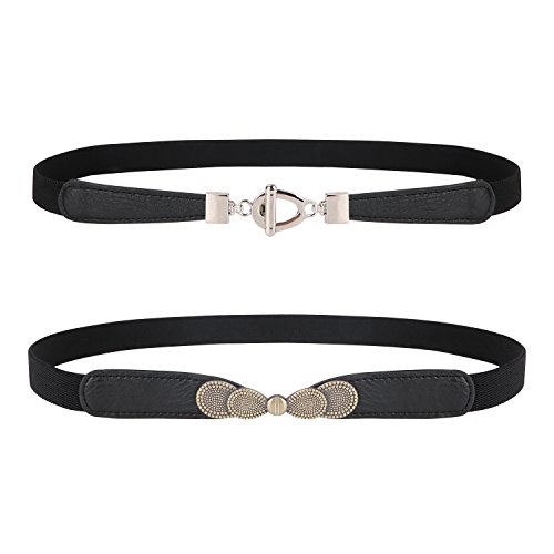 Womens Skinny Elastic Waist Belt, JASGOOD Stretch Thin Belt for Dress 2 Pack,Black,Fits