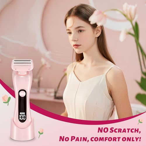 NaTuGi 2 in 1 Electric Shaver for Women Wet Dry Dual Use IPX7 Waterproof with LED Display USB Recharge Dock Dry Use Body Hair Trimmer and Facial Hair Remover for Bikini Underarm Leg Arm Face (Pink) — view 2