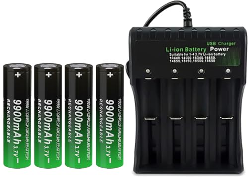 18650 Battery Charger for 3.7V Lithium-ion Battery,4 Pack Flat Top 18650 Battery + Charger