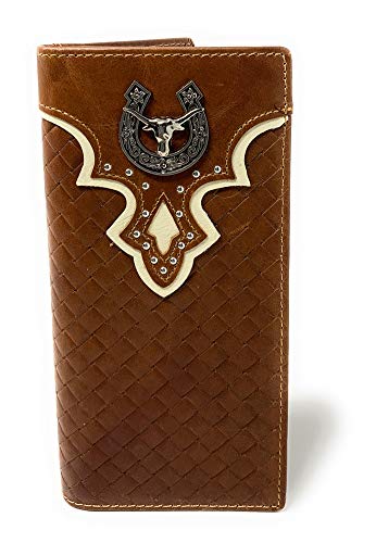 Western Genuine Leather Basketweave Longhorn Metal Concho Mens Long Bifold Wallet in 2 Color (Brown)