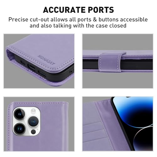 Image of MONASAY Vegan Leather Fit for iPhone 14 Pro Max 5G Wallet Case, 6.7-inch, [Glass Screen Protector Included] [RFID Blocking] Flip Folio Phone Cover with Credit Card Holder,Lavenders