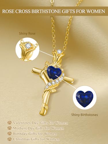 Rose Cross Necklaces for Women, 14K Gold/Rose Gold Cross Jewelry with Birthstone Pendant, Anniversarry Birthday Gifts for Her Wife Mom Grandma, 18+2 Inch Chain3