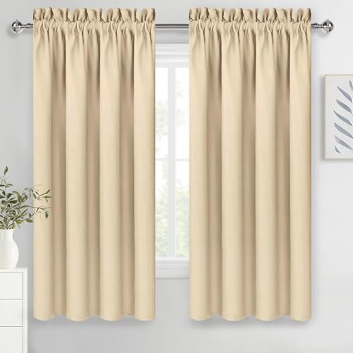 DWCN Blackout Curtains for Living Room Thermal Insulated, Energy Saving & Noise Reducing Bedroom Curtains, Beige, W 70x L 63 Inch, Set of 2 Rod Pocket Curtain Panels