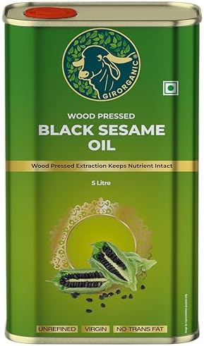 GIRORGANIC Wood Pressed Black Sesame Oil|Unrefined/Unfiltered Cold Pressed Virgin Oil|Kacchi Ghani/Gingelly Oil|Chemical Free & Natural|Sesame Oil For Cooking- 5 Litre|Gopal Ratna Award Winner 2023