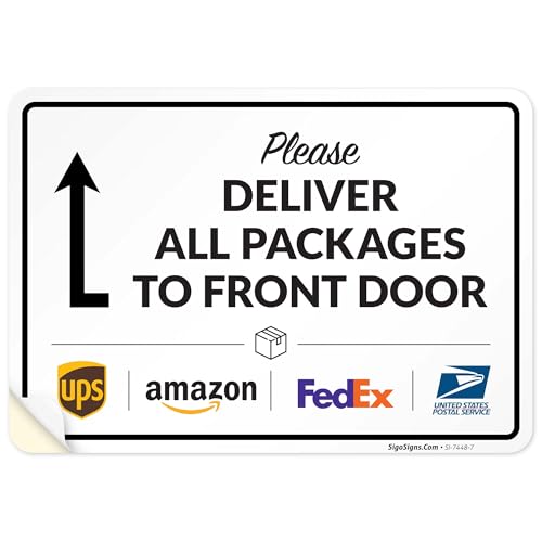 Image of Package Delivery Sign, Delivery Instructions Deliver All Package to Front Door Up Arrow Sign, 10x7 Inches, 4 Mil Vinyl Decal Stickers Weather Resistant, Made in USA